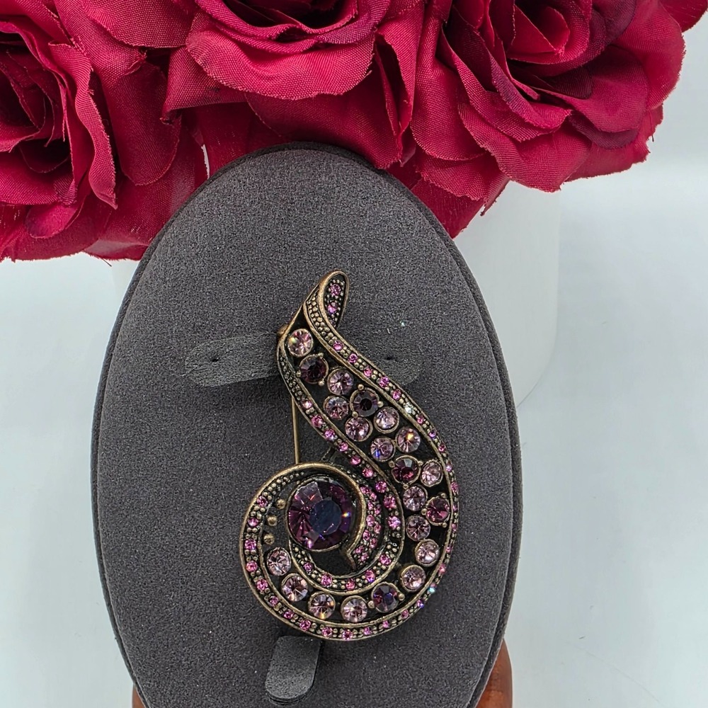 Lia Sophia Swirl Brooch Purple Pink Crystals Bronze Tone Art Nouveau Pin Jewelry